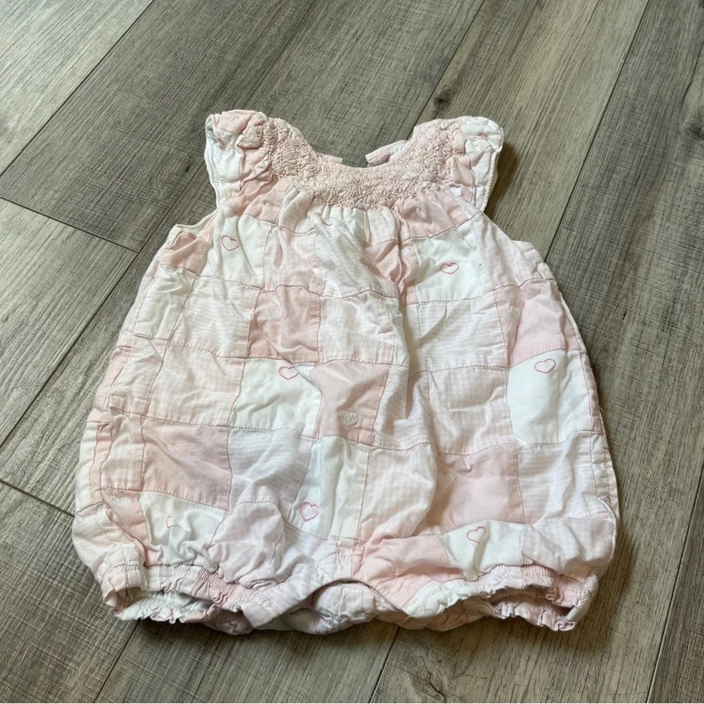 Janie and Jack Pink Patchwork Heart Romper - Fully Lined 6-12M Summer Outfit